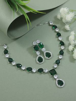 Silver plated cubic zirconia american diamond special necklace & drop earrings jewellery set for women 2
