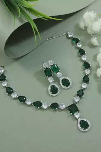 Silver plated cubic zirconia american diamond special necklace & drop earrings jewellery set for women
