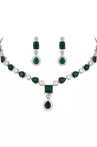Silver plated cubic zirconia american diamond special necklace & drop earrings jewellery set for women