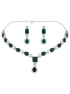 Silver plated cubic zirconia american diamond special necklace & drop earrings jewellery set for women 4