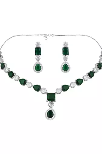 Silver plated cubic zirconia american diamond special necklace & drop earrings jewellery set for women