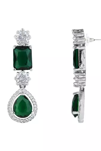 Silver plated cubic zirconia american diamond special necklace & drop earrings jewellery set for women