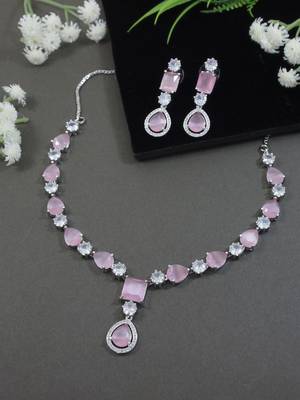 Silver plated cubic zirconia american diamond special necklace & drop earrings jewellery set for women 1