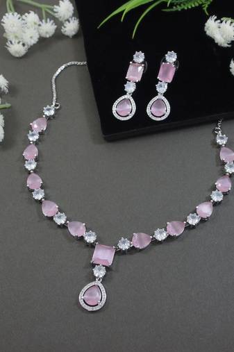 Silver plated cubic zirconia american diamond special necklace & drop earrings jewellery set for women