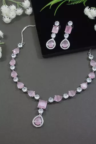 Silver plated cubic zirconia american diamond special necklace & drop earrings jewellery set for women