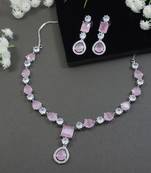 Silver plated cubic zirconia american diamond special necklace & drop earrings jewellery set for women