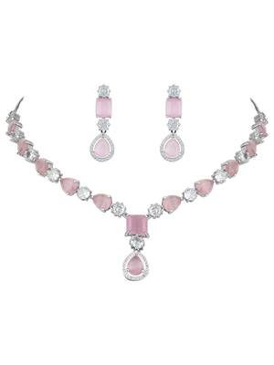 Silver plated cubic zirconia american diamond special necklace & drop earrings jewellery set for women 2
