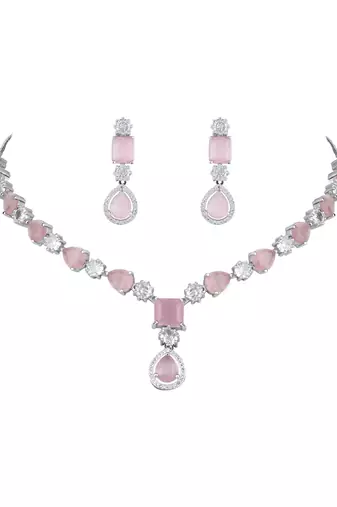 Silver plated cubic zirconia american diamond special necklace & drop earrings jewellery set for women