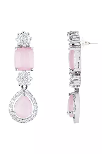 Silver plated cubic zirconia american diamond special necklace & drop earrings jewellery set for women