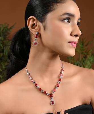 Silver plated cubic zirconia american diamond special necklace & drop earrings jewellery set for women 1