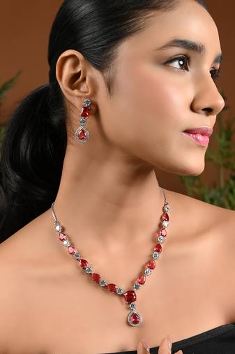 Silver plated cubic zirconia american diamond special necklace & drop earrings jewellery set for women