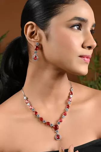 Silver plated cubic zirconia american diamond special necklace & drop earrings jewellery set for women