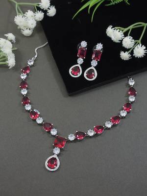 Silver plated cubic zirconia american diamond special necklace & drop earrings jewellery set for women 2