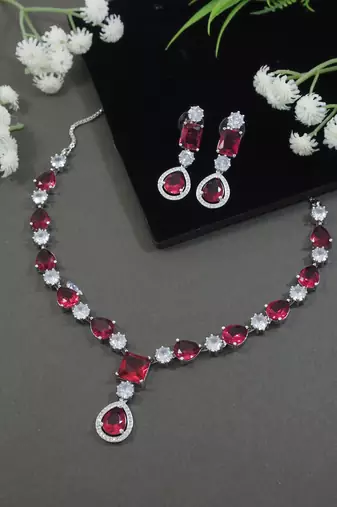 Silver plated cubic zirconia american diamond special necklace & drop earrings jewellery set for women