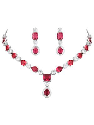 Silver plated cubic zirconia american diamond special necklace & drop earrings jewellery set for women 3