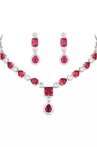 Silver plated cubic zirconia american diamond special necklace & drop earrings jewellery set for women