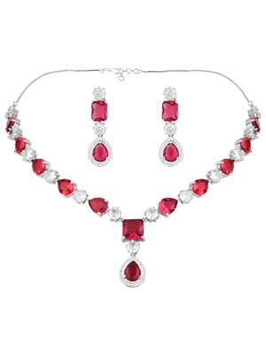 Silver plated cubic zirconia american diamond special necklace & drop earrings jewellery set for women 4