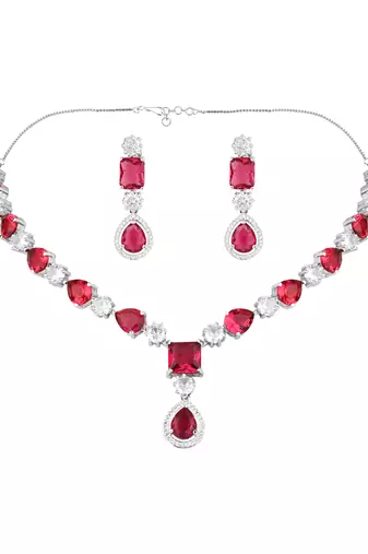 Silver plated cubic zirconia american diamond special necklace & drop earrings jewellery set for women