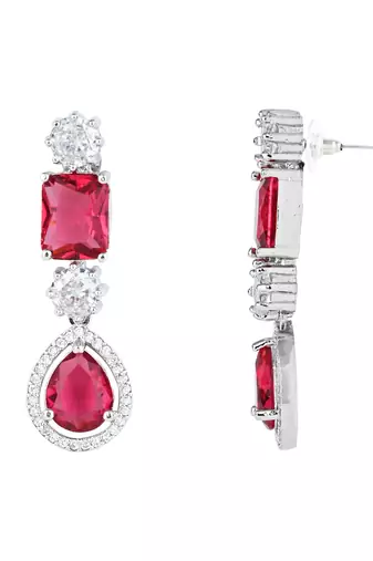 Silver plated cubic zirconia american diamond special necklace & drop earrings jewellery set for women