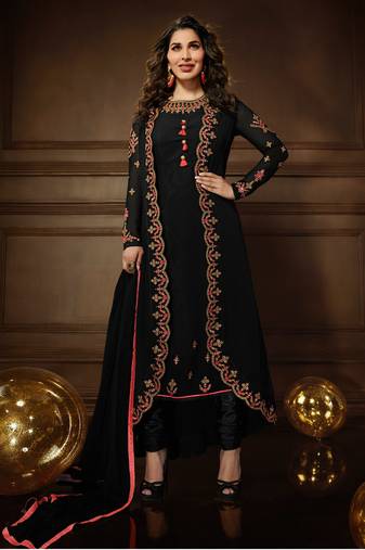 Black Georgette Resham Embroidered straight Suit