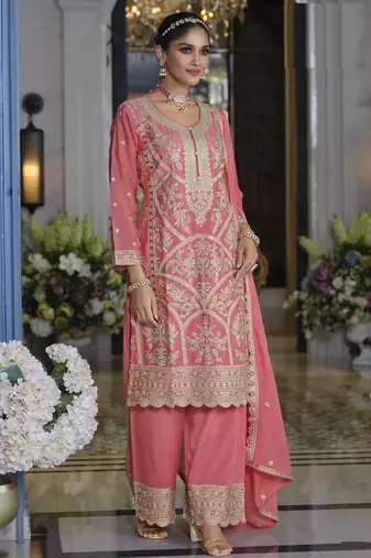 Pink embroidered chinon free size stitched palazzo style salwar suit-Full stitched free size
