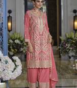 Pink embroidered chinon free size stitched palazzo style salwar suit-Full stitched free size
