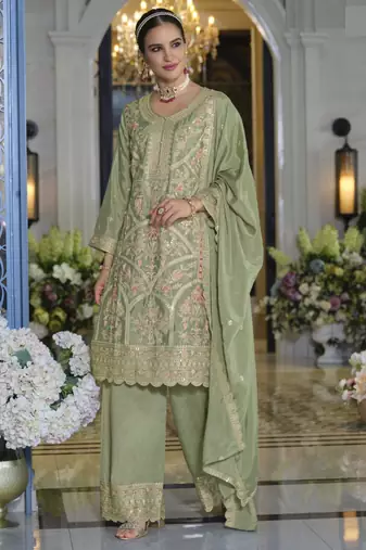 Green embroidered chinon free size stitched palazzo style salwar suit-Full stitched free size