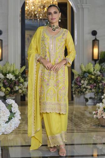 Yellow embroidered chinon free size stitched palazzo style salwar suit- Full stitched free size
