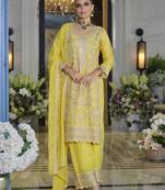 Yellow embroidered chinon free size stitched palazzo style salwar suit- Full stitched free size