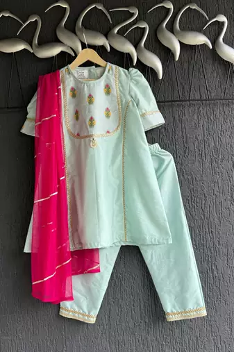 Blue embroidered cotton silk kurta set