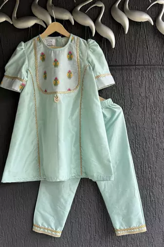 Blue embroidered cotton silk kurta set