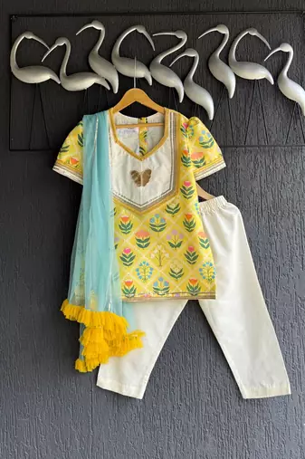 Yellow printed cotton silk kurta set