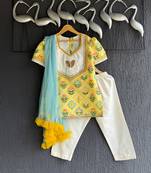 Yellow printed cotton silk kurta set