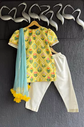 Yellow printed cotton silk kurta set