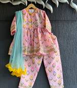 Pink printed cotton silk kurta set