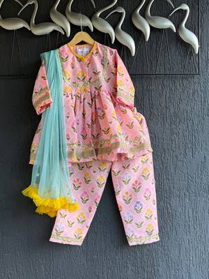 Pink printed cotton silk kurta set 2