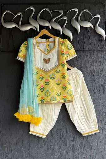 Yellow printed cotton silk kurta set