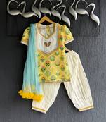 Yellow printed cotton silk kurta set