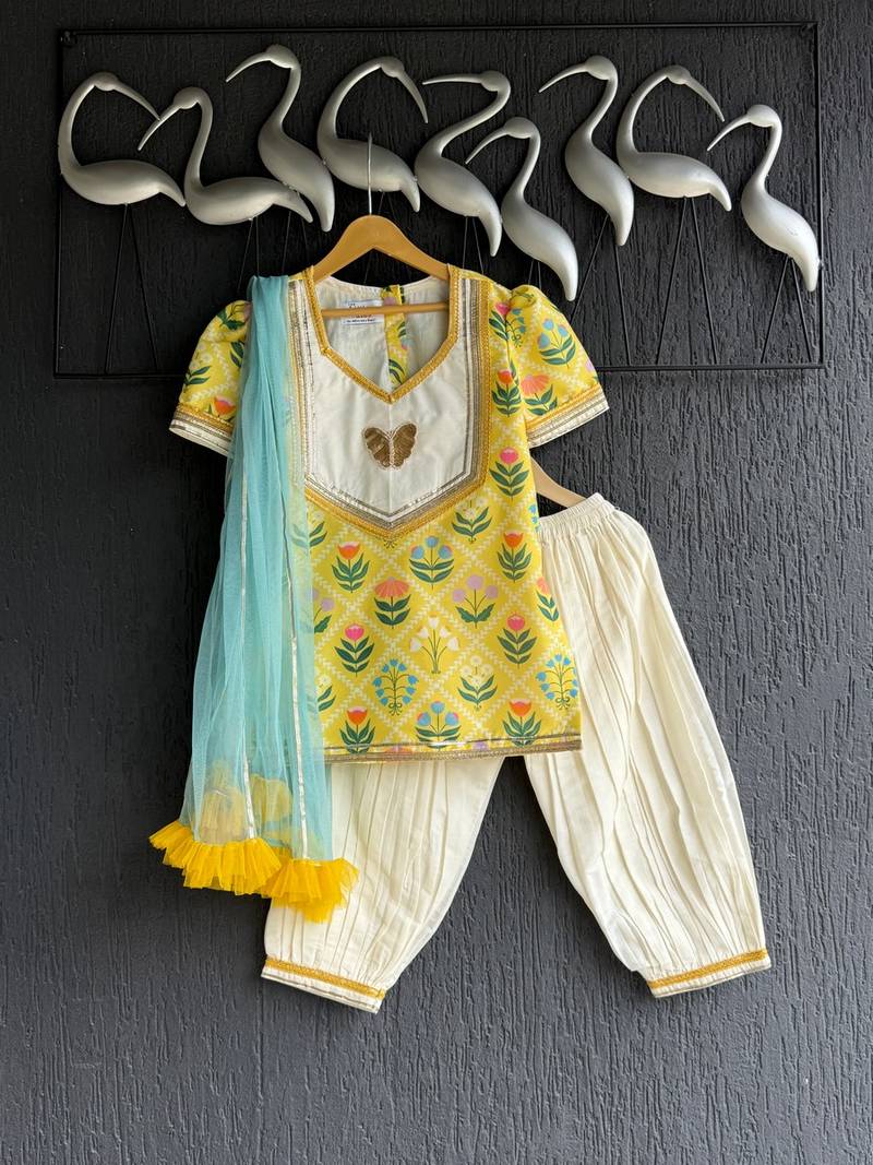 Yellow printed cotton silk kurta set