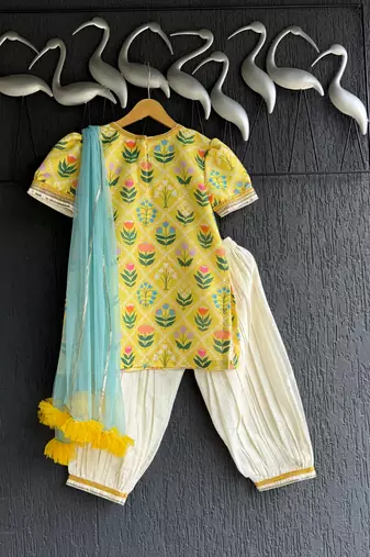 Yellow printed cotton silk kurta set