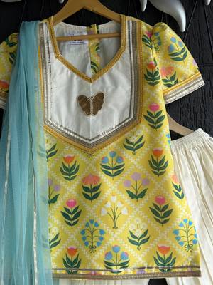 Yellow printed cotton silk kurta set 3