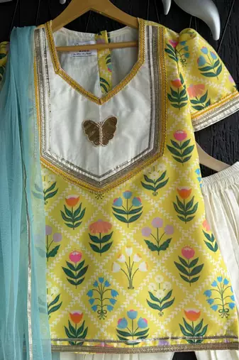 Yellow printed cotton silk kurta set