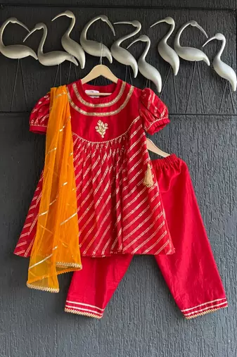 Red plain cotton kurta set