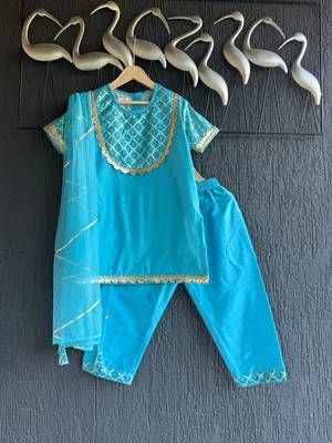 Blue printed cotton silk kurta set 1