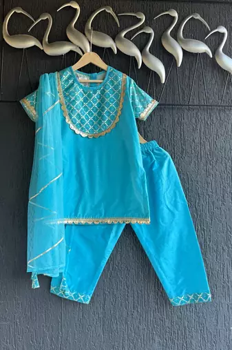 Blue printed cotton silk kurta set