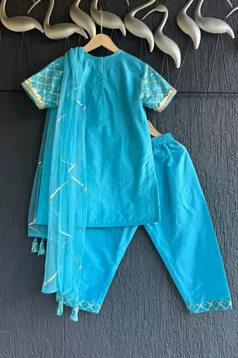 Blue printed cotton silk kurta set