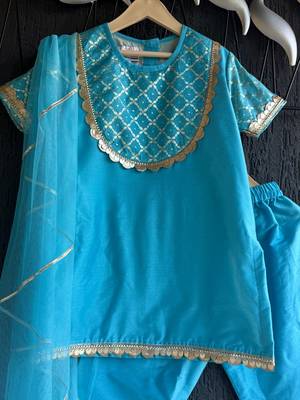Blue printed cotton silk kurta set 4