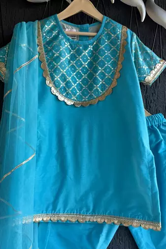 Blue printed cotton silk kurta set