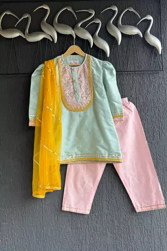 Blue embroidered cotton silk kurta set