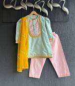 Blue embroidered cotton silk kurta set